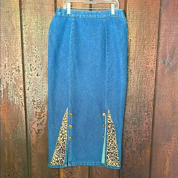 VTG 80s Denim & Leopard Print Maxi Skirt Double Slits Rockabilly Punk Sz Small - Picture 1 of 8